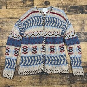 Christopher &‎ Banks Womens M Blue Hand Embroidered Ramie Wool Cardigan Sweater